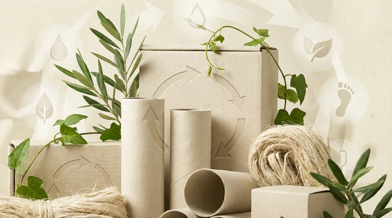 Cartone sostenibile con foglie e visual richiami all'economia circolare